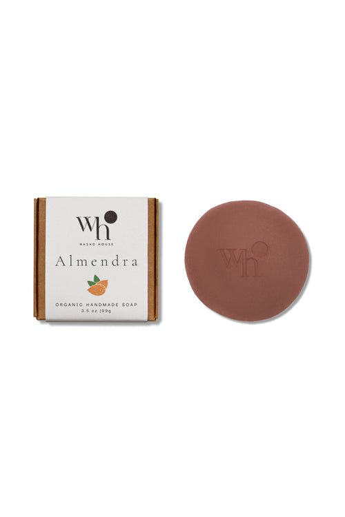Brown round almond oil moisturizing handmade soap bar by Washo House, made in NYC for dry and sensitive skin