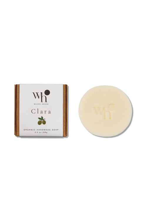 White round pure olive oil fragrance-free handmade soap bar by Washo House, made in NYC for sensitive and eczema-prone skin