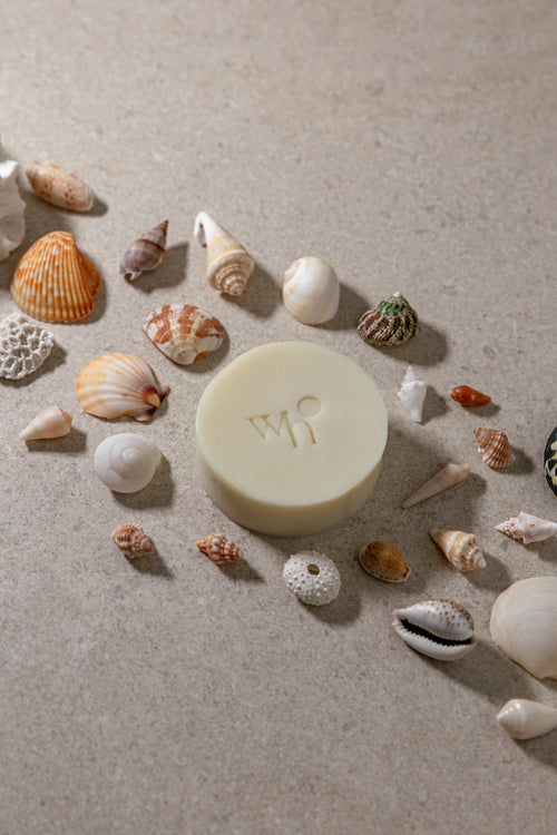 White round pure olive oil fragrance-free handmade soap bar by Washo House, made in NYC for sensitive and eczema-prone skin